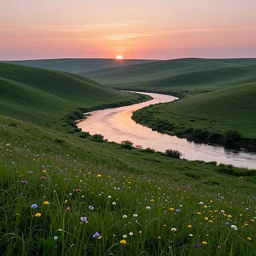 Photograph of a serene sunset over rolling green hills, a winding river reflects the orange-pink sky, surrounded by colorful wildflowers in the foreground.