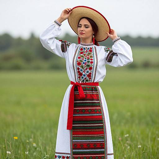 Photograph of a young woman in traditional white embroidered dress with red sash and black patterns, wearing a straw hat, standing in a green field.