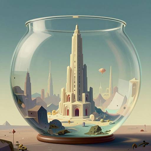 Digital artwork of a glass fishbowl containing a miniature, futuristic cityscape with towering skyscrapers, a central spire, and a hot air