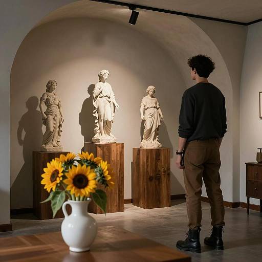 Mysterious Room with Statues and Sunflowers