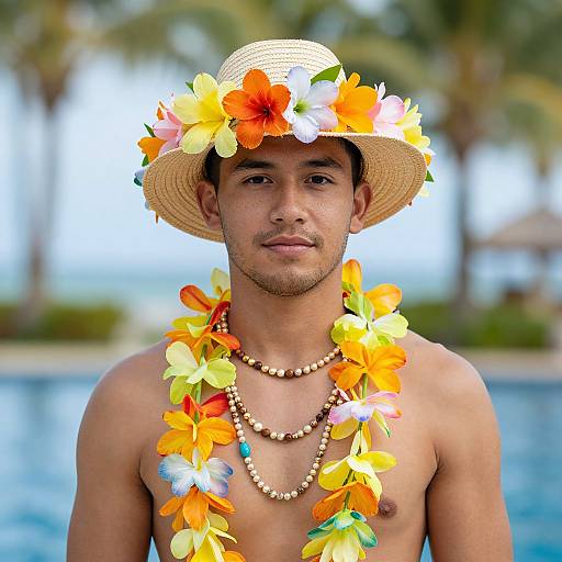 Photograph of a shirtless, tan-skinned man with a straw hat adorned with colorful flowers, wearing a lei with yellow, orange, and pink
