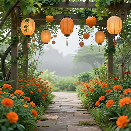 Serene Garden Pathway with Hanging Lantern Fruits
