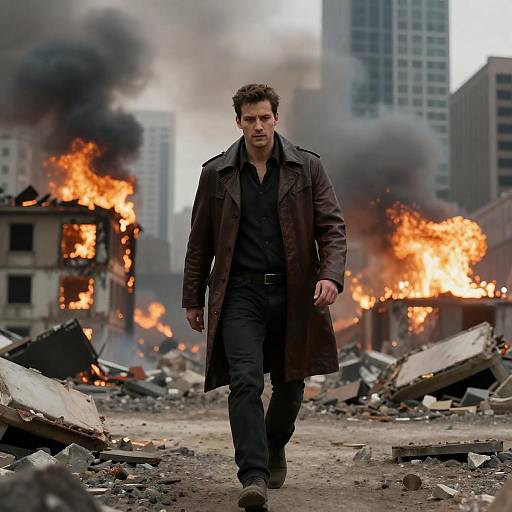 Determined Man in Ruined Cityscape