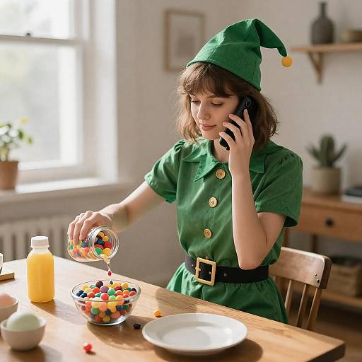 Woman in Elf Costume Pouring Candy While Talking on Phone