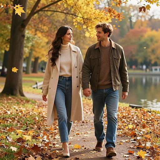 Photograph of a couple holding hands, walking on a leaf-covered park path during autumn. She wears a white coat and sweater, he in a green