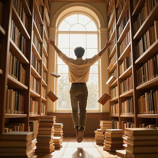 Scholar Soaring in Sunlit Library