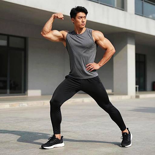 Photograph of a muscular Asian man in a gray sleeveless shirt, black pants, and black sneakers, flexing his right bicep outdoors in