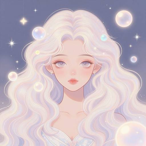 Digital anime-style portrait of a pale-skinned, ethereal woman with long, wavy white hair, glowing blue eyes, and surrounded by luminous