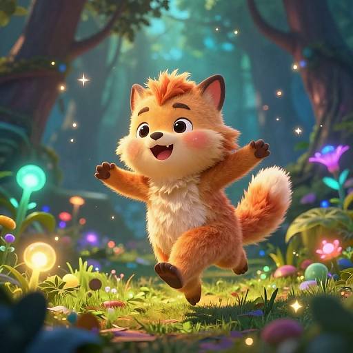 Cute, cartoon-style, digital illustration of a fluffy, orange fox with large eyes and a joyful expression, jumping in a magical forest with colorful,