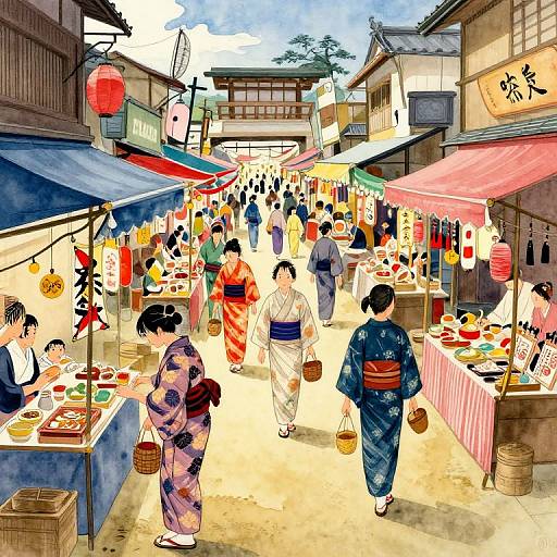Colorful digital illustration of a bustling Japanese street market with people in kimonos, vendors under colorful awnings, and traditional lanterns.