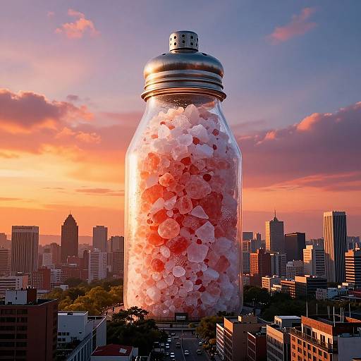 Photograph of a giant glass jar filled with red and white gumballs, towering over a cityscape at sunset with colorful clouds.