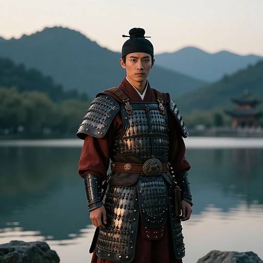 Photograph of a serious Asian man in traditional Japanese samurai armor, standing by a calm lake with mountains in the background.