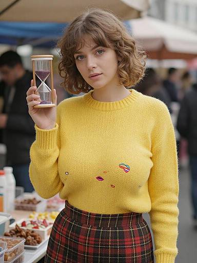 Photograph of a young woman with curly brown hair, wearing a yellow knitted sweater with small colorful patches, and a red plaid skirt, holding