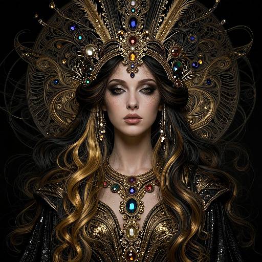 Digital fantasy portrait of a fair-skinned, dark-haired queen with elaborate gold and peacock feathered headdress, adorned with jewels, against a black