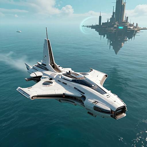 Photorealistic CGI of a sleek white spaceship flying over calm ocean, with a futuristic cityscape reflected in the water.