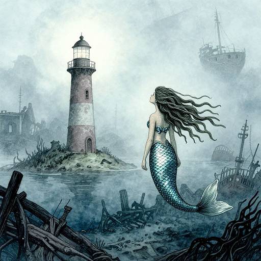 Digital art: Mermaid with long brown hair, blue scales, and a beaded top, floating near a foggy lighthouse, surrounded by wreck