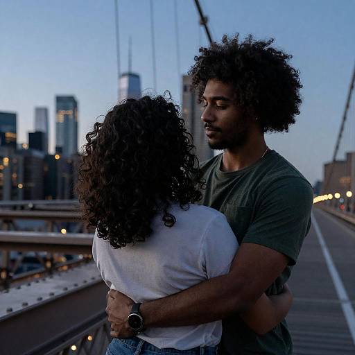 Couple Embracing on a Dusk Bridge