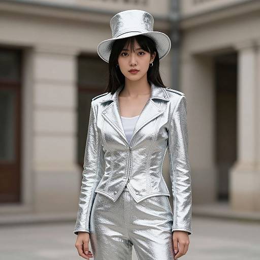 Woman in Silverware Costume Pose