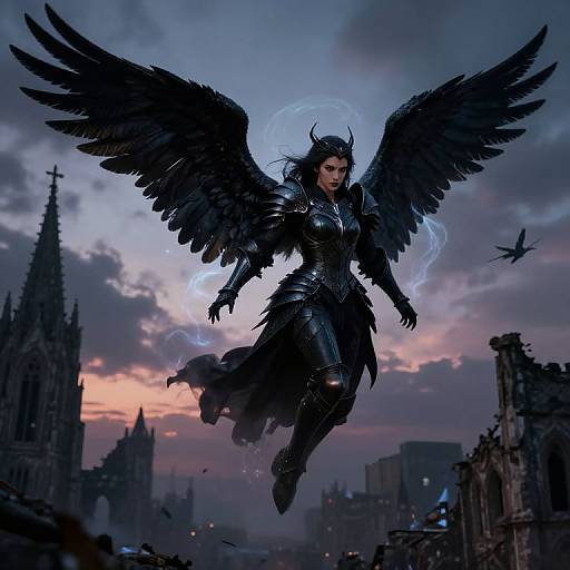 Digital fantasy art: Black-winged, armored angel with horns and glowing halo flies over a gothic cityscape at sunset, surrounded by flying birds.