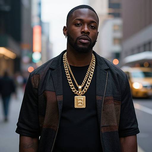 Photograph of a confident Black man with short hair, wearing a black shirt, black mesh jacket, and gold chain, standing on a bustling urban street