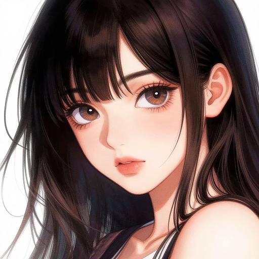 Digital anime-style portrait of a young woman with long black hair, large brown eyes, and fair skin, gazing slightly to the side. White background