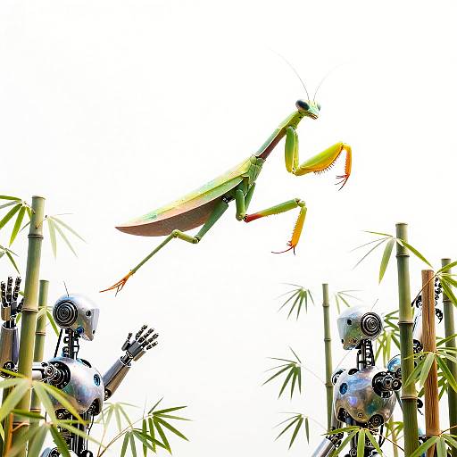 Digital art of a green praying mantis with yellow accents, leaping among bamboo stalks and black, robotic spiders against a white background.