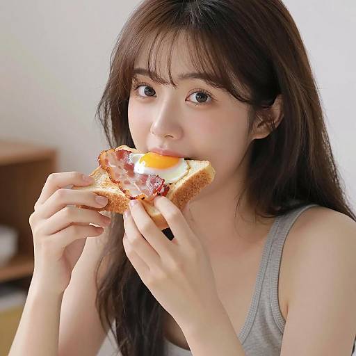 Young Woman Eating Toast with Bacon and Egg