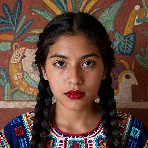 Photograph of a young South Asian woman with dark hair in braids, red lipstick, wearing a colorful, patterned traditional top, against a detailed