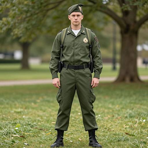 Photograph of a young male park ranger standing in a grassy park, wearing a green uniform, black boots, and cap, with a serious expression