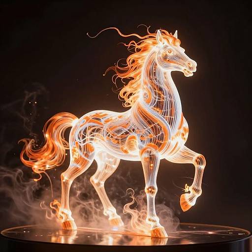 Photograph of a neon wireframe horse sculpture, glowing with bright orange and yellow flames, standing on a black reflective surface.