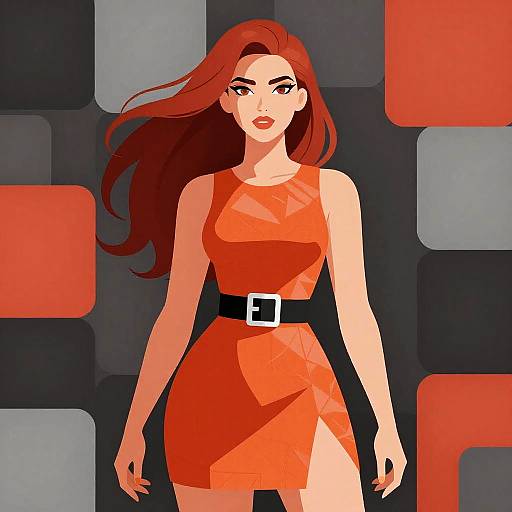 Digital illustration of a confident woman with long red hair, wearing a sleeveless orange dress with a black belt, standing against a geometric black, gray,