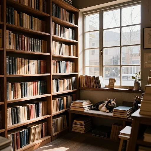 Sunlit library corner with wooden bookshelves, dog sleeping on stacked books by window, sunlight streaming through large window. Cozy, serene atmosphere.