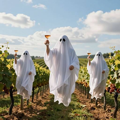 Photograph of four ghostly figures in white sheets, floating in a sunlit vineyard, each holding a glass of wine, under a bright blue