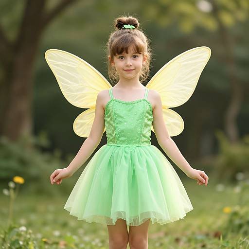 Photograph of a young girl with brown hair in a bun, wearing a green fairy dress and yellow fairy wings, standing in a green, sunlit