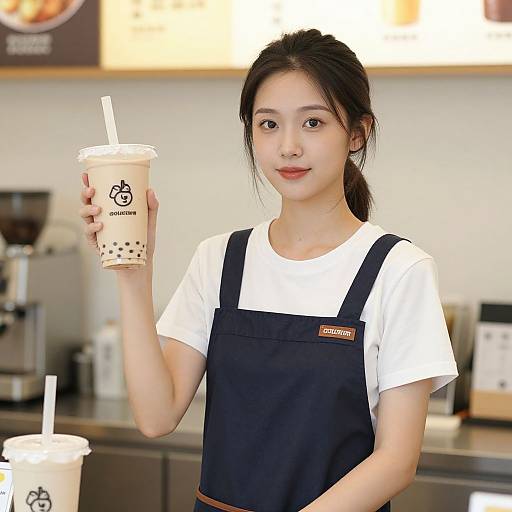 Young Asian woman with black hair in a ponytail, wearing a white shirt and black apron, holding a bubble tea with a straw in a brightly
