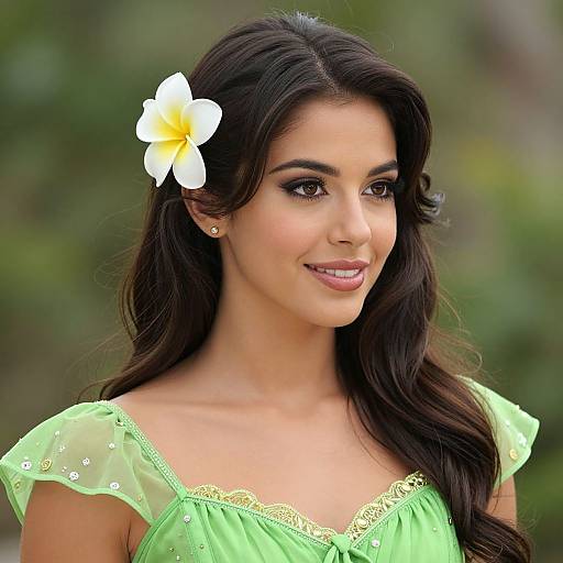 Photograph of a beautiful woman with long dark hair, wearing a green dress with white floral accents, and a white plumeria flower in her hair