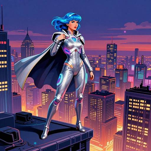 Digital art of a blue-haired, silver armored superhero woman standing confidently on a rooftop, overlooking a neon-lit, sunset cityscape.