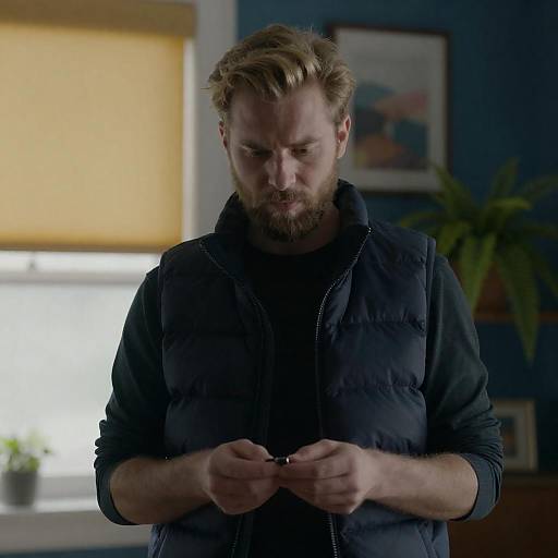 Intense Man in Dimly Lit Room