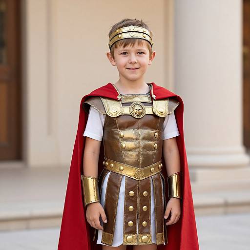 Photograph of a young boy with short brown hair, smiling, wearing a Roman gladiator costume with gold armor, red cape, and white shirt,