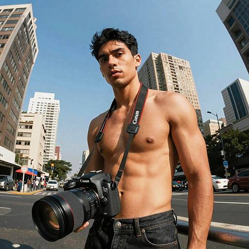 Shirtless young man with short black hair, holding a Canon camera, standing in a sunny urban street with tall buildings. Photorealistic photograph.