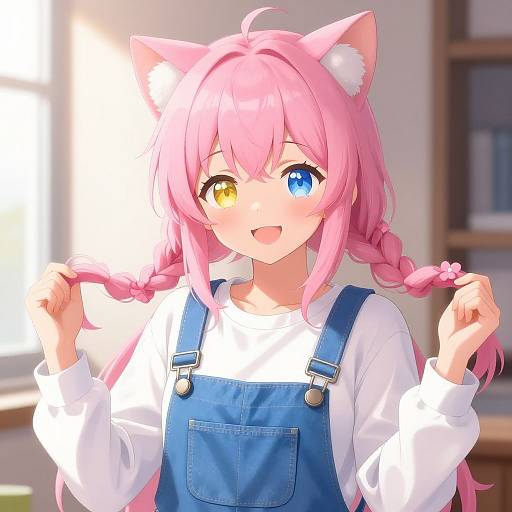 Anime-style digital drawing of a cute pink-haired girl with cat ears, heterochromatic eyes (blue and yellow), holding braided pigtails,