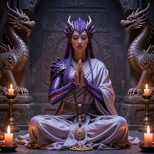 Photorealistic digital art of a purple-scaled dragon lady meditating in a dark temple, surrounded by candles and dragon statues.