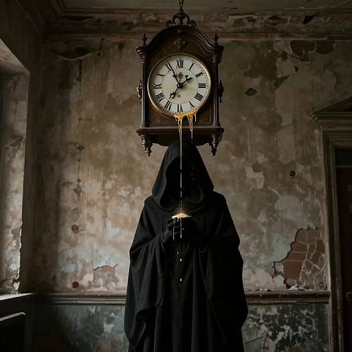 Photograph of a creepy clock-headed figure in a tattered black cloak, with dripping clock hands, in a dilapidated, grimy room.