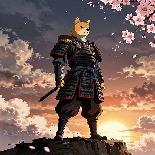 Digital art of an anthropomorphic Shiba Inu in traditional samurai armor, standing on a cliff at sunset with cherry blossoms. Holding a sword