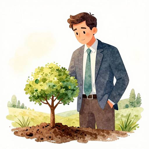 Watercolor illustration of a smiling, brown-haired man in a blue suit, white shirt, and green tie, planting a small tree.