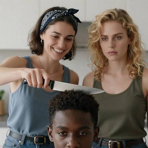 Women Holding Knife Over Man's Head in Kitchen