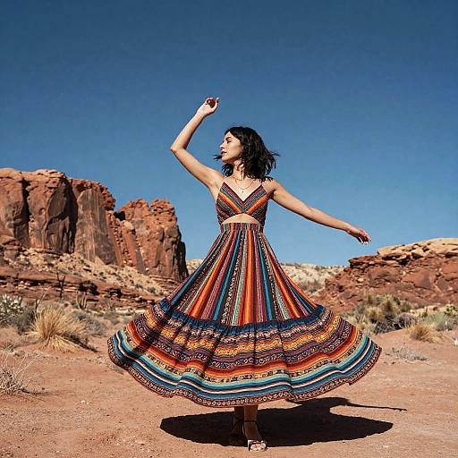 Woman Twirling in Striped Dress Desert