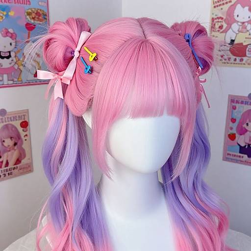 Photograph of a white mannequin head with pink and purple ombre hair in double buns, adorned with bows and hairpins, set