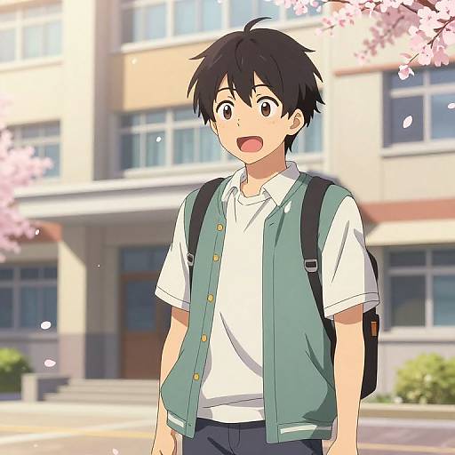 Anime-style digital drawing of a young, black-haired boy with wide eyes, wearing a green vest over a white shirt, black backpack, and blue pants