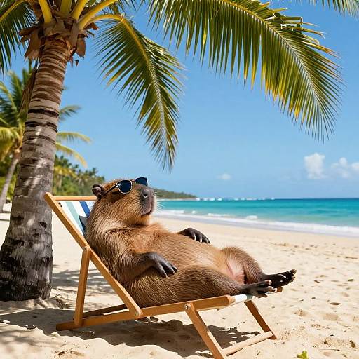 Photograph of a relaxed, brown otter in blue sunglasses lounging on a beach chair under a palm tree with turquoise ocean and clear blue sky in